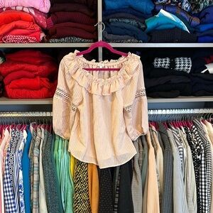 Mine pale pinkish taupe/white stripe embroidered 3/4 sleeve top size S
